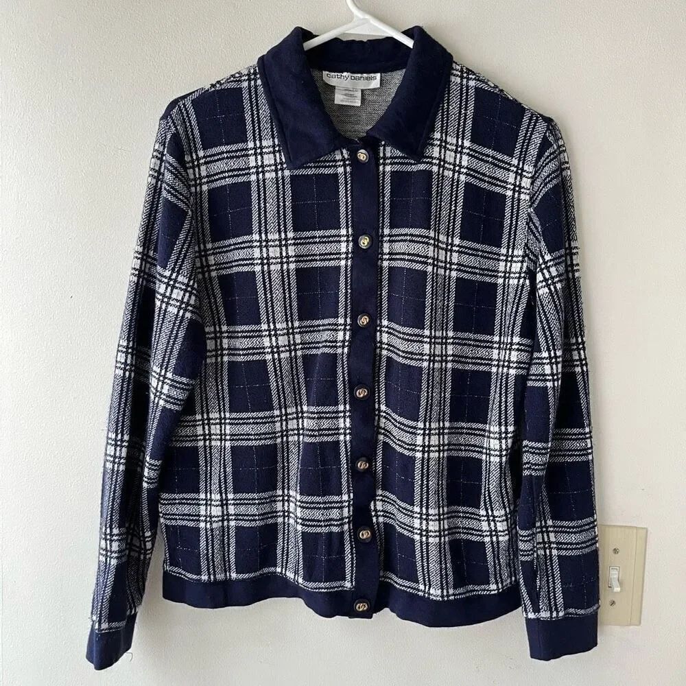 Vintage Cathy Daniels Preppy Plaid Button-Up Cardigan Sweater - Medium